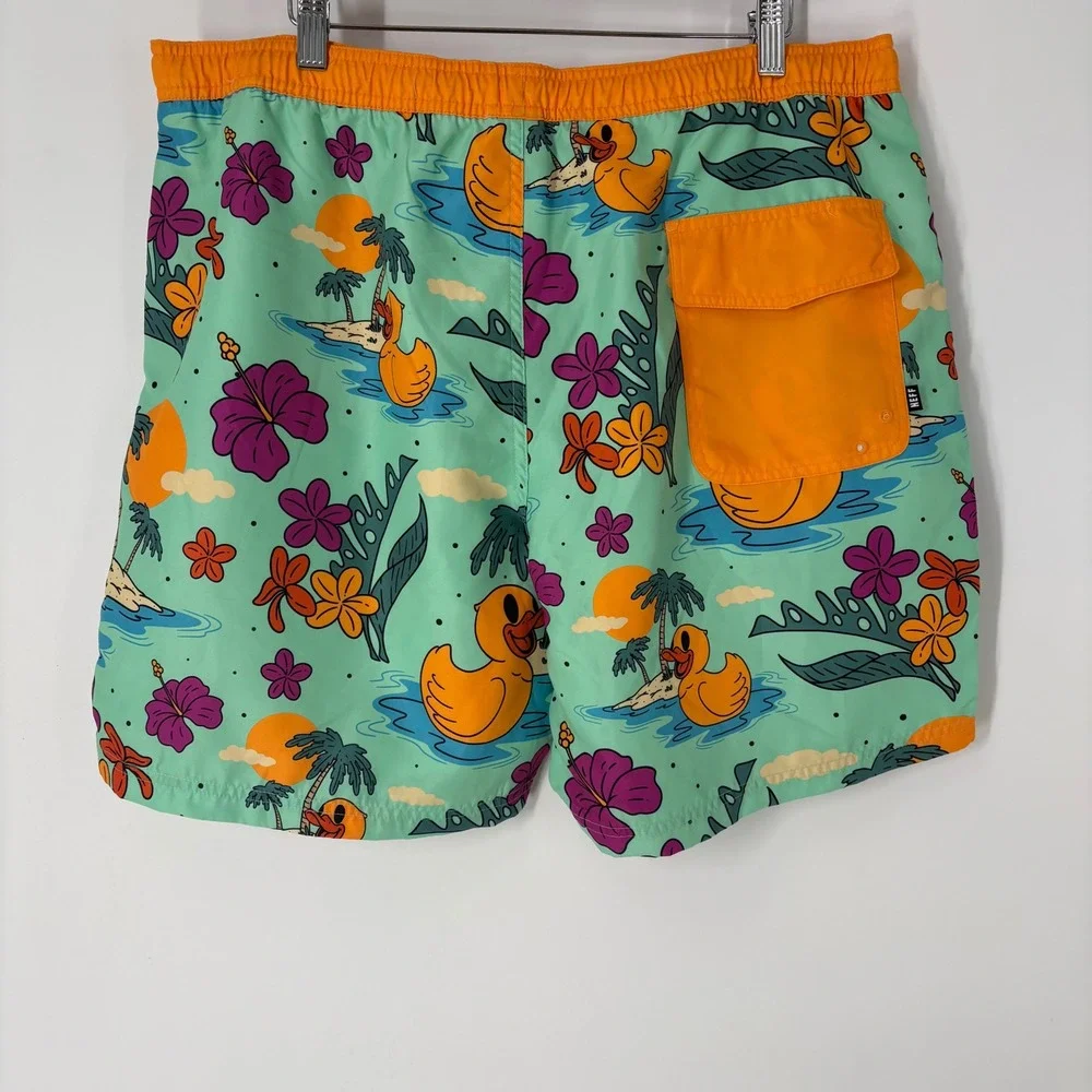 Neff Mens XL Rubber Duck Tropical Swim Trunks Mint Green Orange Board Shorts NEW